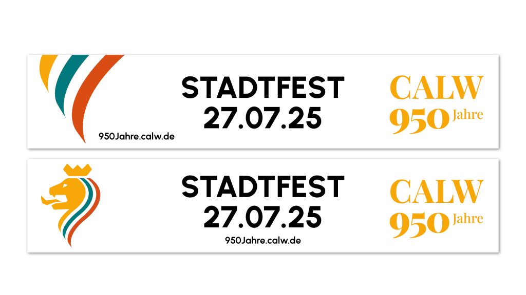 Zwei Entwürfe für Stadtfest-Banner zum Jubiläum 950 Jahre Calw mit Datum 27.07.25, Webadresse und Jubiläumslogo