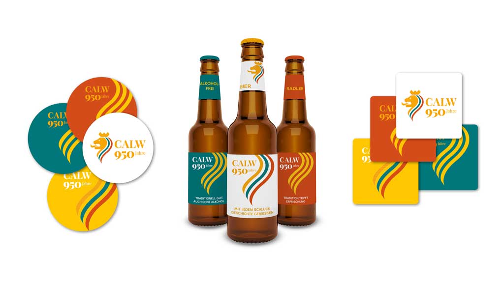 Gestaltete Bieretiketten und Bierdeckel der Stadt Calw im Corporate Design zum 950-jährigen Jubiläum – umgesetzt von BRANDA