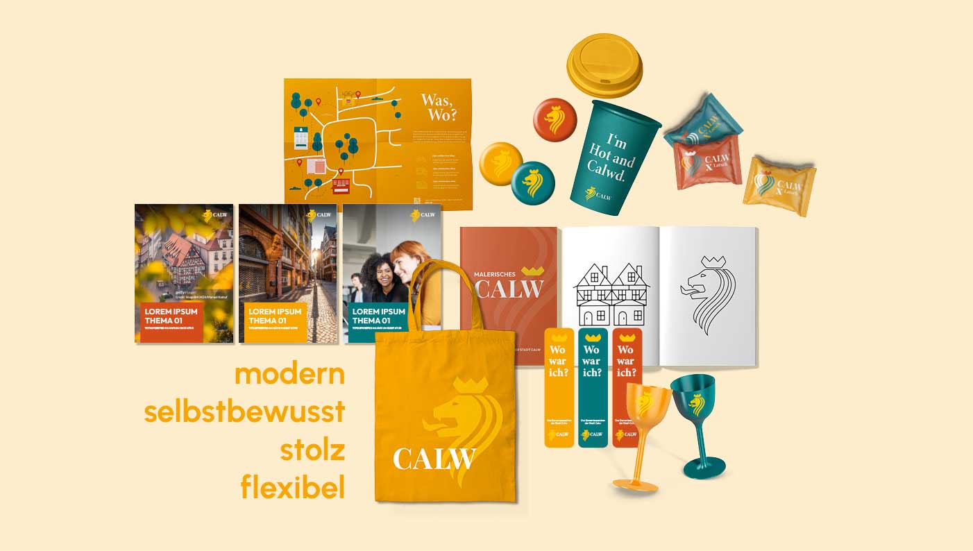 Markenanwendungen für die Stadt Calw im neuen BRANDA Corporate Design: Merchandise, Print & Kampagnenmaterial
