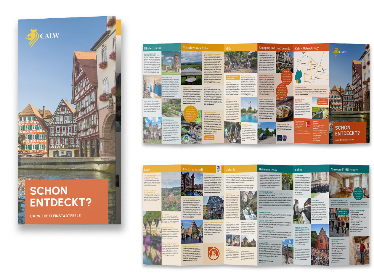 Mehrsprachiger Tourismusflyer der Stadt Calw mit Empfehlungen zu Kultur, Gastronomie, Wandern und Ausflugszielen