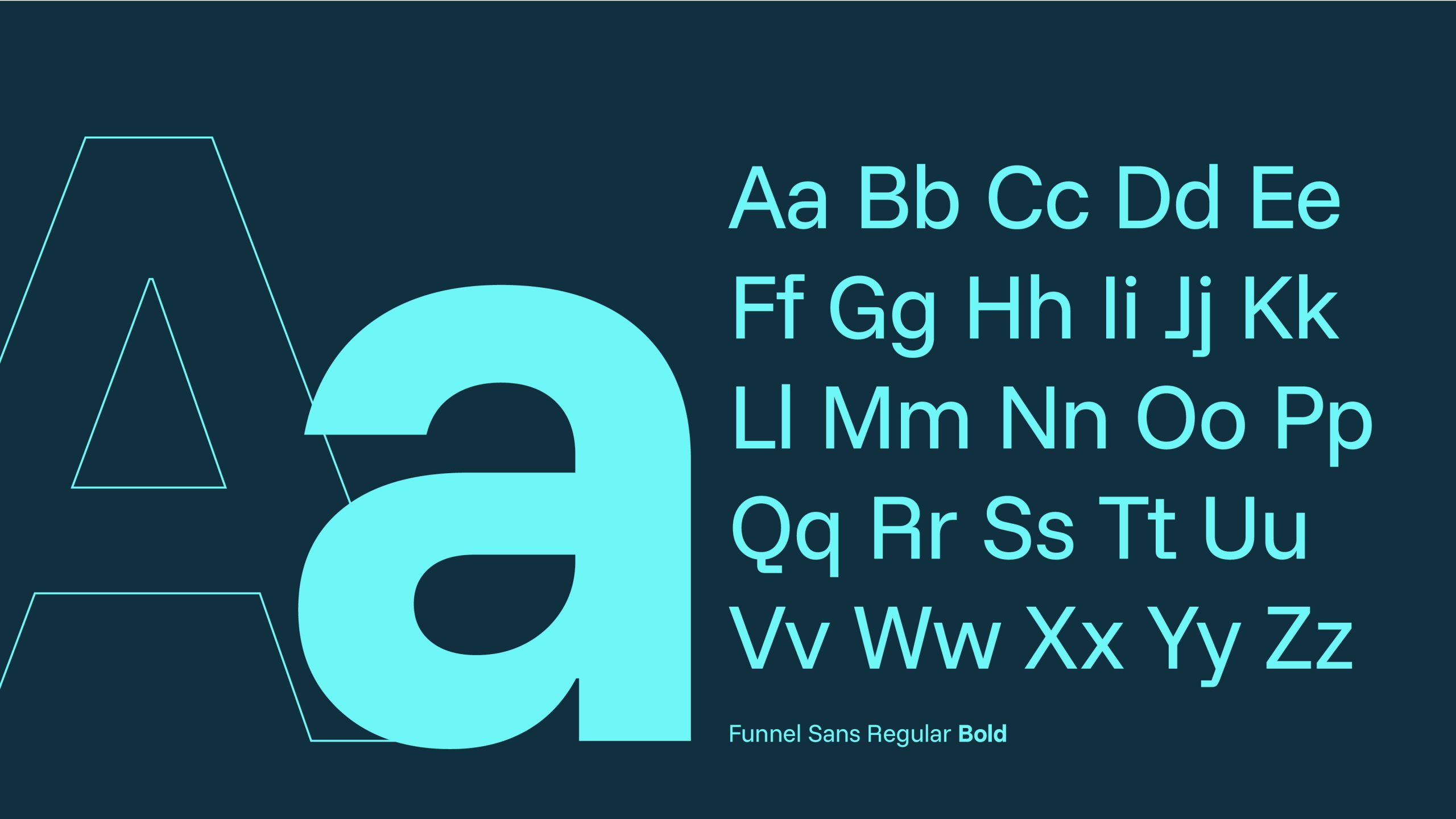 Schriftbeispiele der Schriftart Funnel Sans Regular und Bold mit allen Groß- und Kleinbuchstaben des Alphabets in hellblauer Farbe auf dunklem Hintergrund.