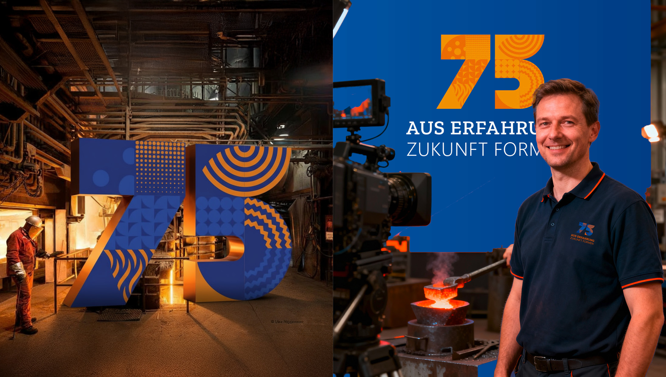 Gießereiarbeiter in der Werkshalle neben "75"-Jubiläumsmotiv und Mitarbeiter mit Kampagnenshirt "Aus Erfahrung Zukunft formen"