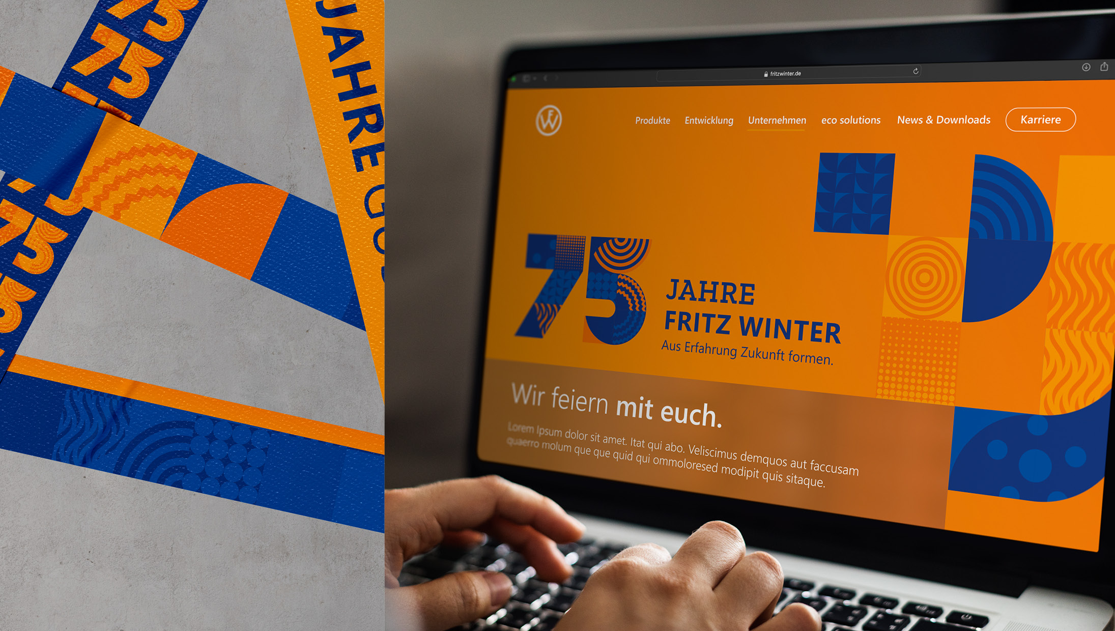 Laptop mit Landingpage "75 Jahre Fritz Winter" neben Absperrband im Jubiläumsdesign